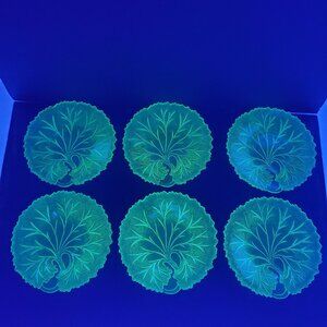 Vintage 6 Indiana Uranium Glass Vaseline Leaf Pebble Plates Scalloped Edges